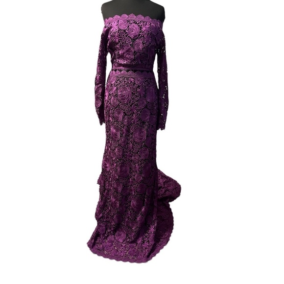 Custom MadePurple Lace Crochet Over The Shoulder Gown